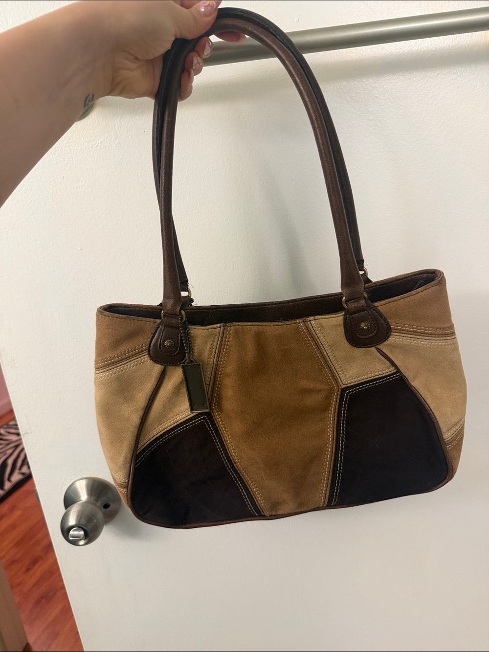 Patchwork Suede Shoulder Tote in Brown and Tan
